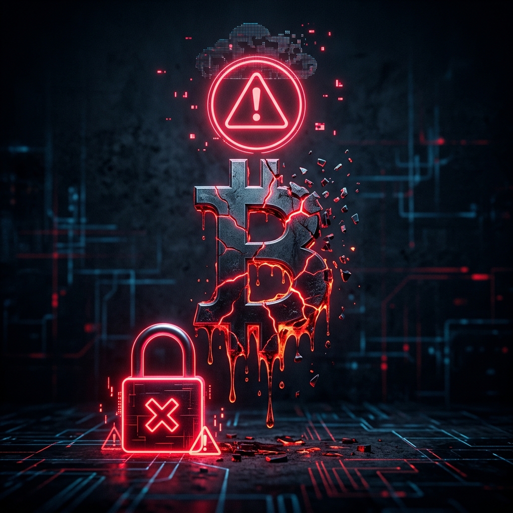Warning sign and melting bitcoin representing the blockminersgatecryptofarm scam